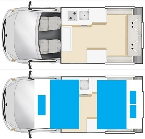 2 Berth HiTopキャンパーバンの昼と夜の内装イメージ