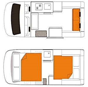 4 Berth キャンパーバンの昼と夜の内装イメージ