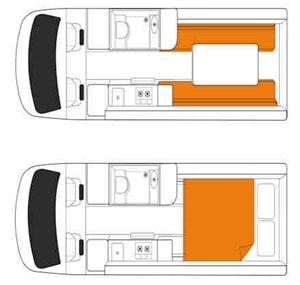 2Berthモーターホームの昼と夜の内装イメージ